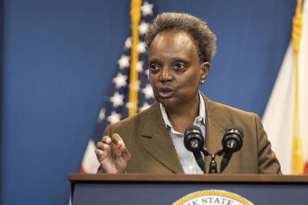 FILE - Chicago Mayor Lori Lightfoot speaks during a press co<em></em>nference in the Greektown neighborhood, of Chicago, Sept. 14, 2022. 