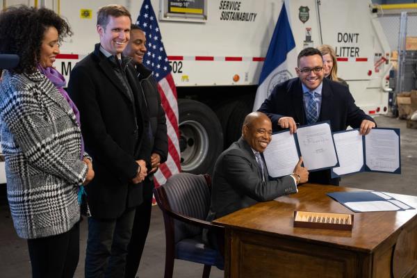 New York City Mayor Eric Adams signs four pieces of legislation to fight rats and build a cleaner city in lower Manhattan, New York on Friday, November 18, 2022. 