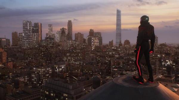 Dressed like a member of Daft Punk, Miles Morales poses on the rooftops of New York.