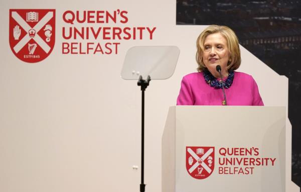 Former US Secretary of State Hillary Clinton speaks on the first day of a three-day internatio<em></em>nal co<em></em>nference at Queen's University Belfast to mark the 25th anniversary of the Good Friday Agreement, in Belfast, Northern Ireland, Monday, April 17, 2023. Former U.S. President Bill Clinton and past leaders of the U.K. and Ireland are gathering in Belfast on Monday, 25 years after their charm, clout and determination helped Northern Ireland strike a historic peace accord. (Niall Carson/PA via AP)