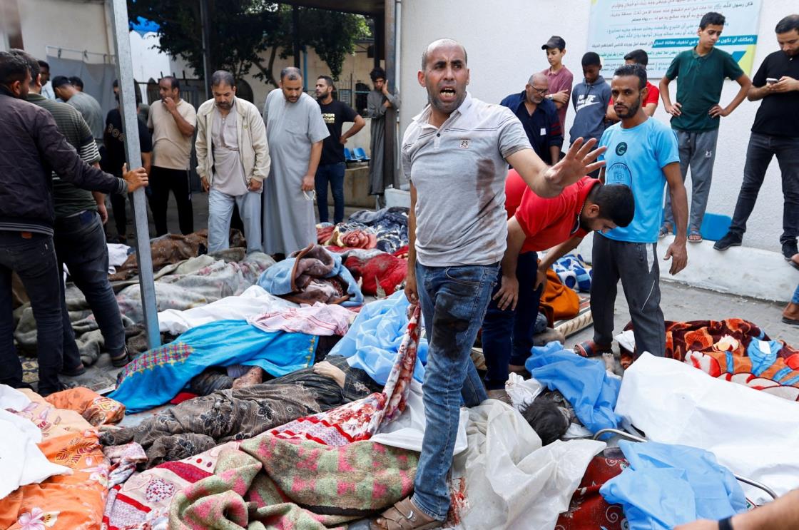 Bodies of Palestinians killed in Israeli strikes lie at a hospital in the southern Gaza Strip, Oct. 17, 2023. (Reuters Photo)