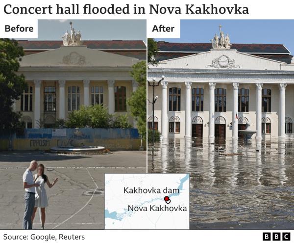 Before and after images showing flooding around Nova Khakovka's co<em></em>ncert hall