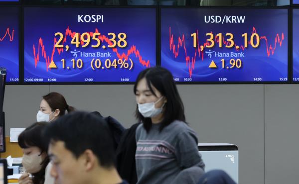 An electro<em></em>nic board showing the Korea Composite Stock Price Index at a dealing room of the Hana Bank headquarters in Seoul on Wednesday. (Yonhap)