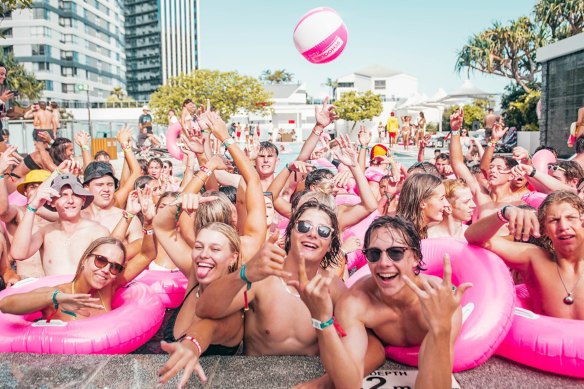 Schoolies enjoying a pool party at the Hilton. School-leavers have been gathering on the Gold Coast for a<em></em>bout half a century.