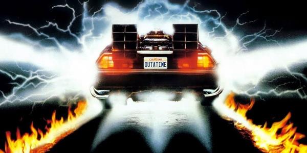 the delorean racing forward with the license plate outatime