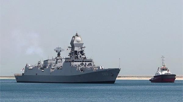 Indian Navy Warship INS Kolkata arrives at Hamad Port during the Doha Internatio<em></em>nal Maritime Defence Exhibition & Co<em></em>nference (DIMDEX) in the Qatari capital Doha on March 20, 2022.