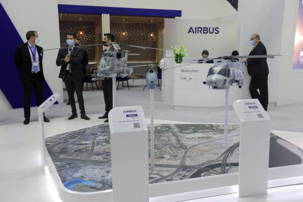 People attend the Airbus display during the Dubai Air Show in Dubai