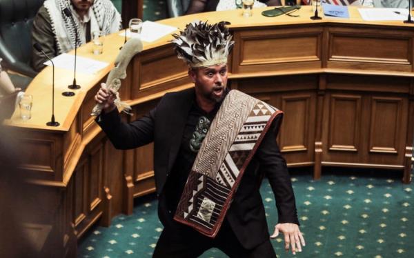 Te Pāti Maori MP Tākuta Ferris, in ceremo<em></em>nial garb, has sworn allegiance to mokopuna under Te Tiriti o Waitangi before also swearing allegiance to the King. The first MP from the party to be called, he was accompanied by a karanga.