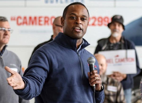 Kentucky Attorney General and Republican gubernatorial candidate Daniel Cameron speaks at Mid America Jet during a campaign stop, Saturday, Nov. 4, 2023, in Owensboro Ky.