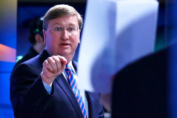 Mississippi Gov. Tate Reeves reacts to a statement made by Brandon Presley, the Democratic nominee for governor, during a televised gubernatorial debate Wednesday, Nov. 1, 2023, in Jackson, Miss.