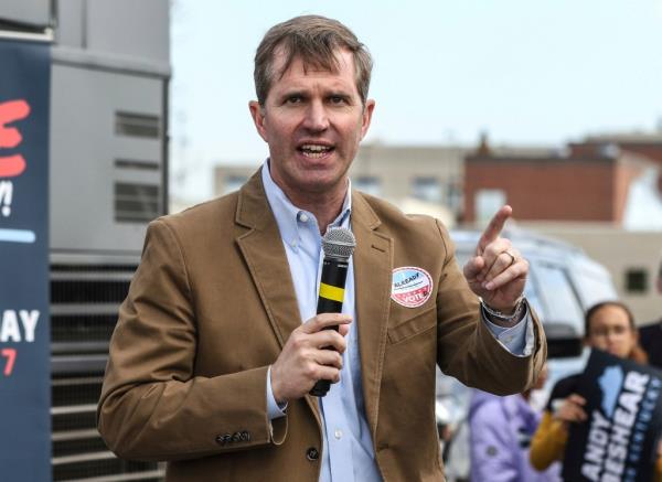 Kentucky Governor and Democratic candidate for re-election Andy Beshear speaks at the Democratic Party of Daviess County Headquarters during a bus tour across Kentucky, Saturday, Nov. 4, 2023, in Owensboro, Ky.