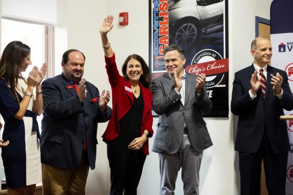 Pennsylvania Supreme Court Republican candidate Judge Carolyn Carluccio waves as she is introduced at a meet and greet at County Corvette in West Chester, Pa., Monday, Oct. 30, 2023.