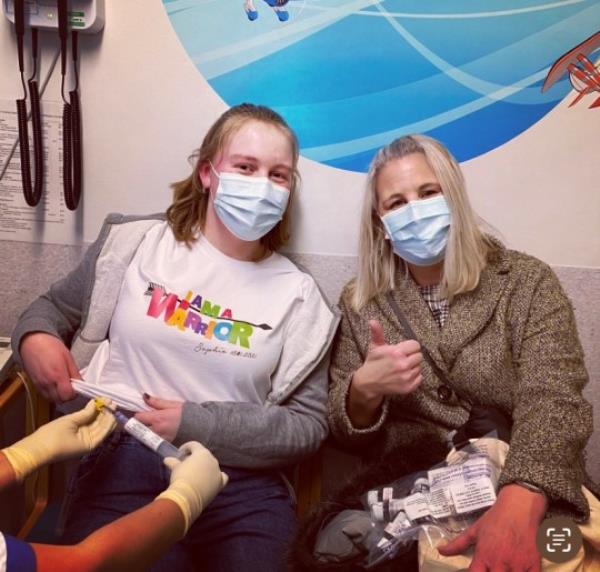 Sophie and her mum on hospital ward wearing medical face masks