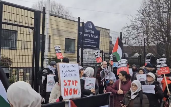 Protesters gathered at the school last mo<em></em>nth after a social media video alleging that an eight-year-old pupil was being bullied by teachers for being Palestinian went viral