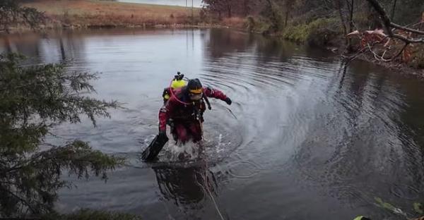 Detectives brought in a team of divers and cadaver dogs, who found human remains thought to belong to Erwin. Credit: YouTube/Echo Divers