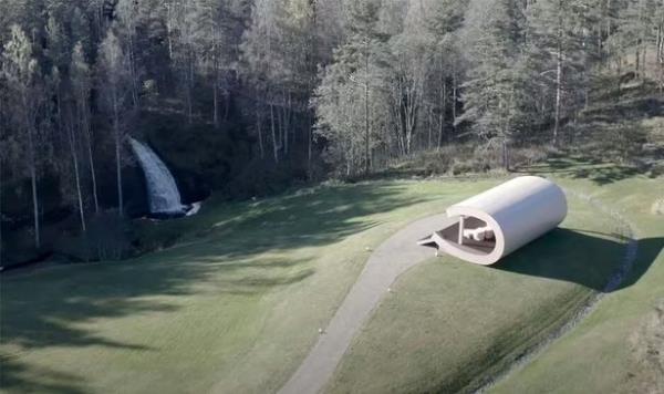 The futuristic gazebo overlooks the 13ft Marjalahti waterfall