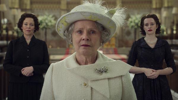 Olivia Colman, Imelda Staunton, and Claire Foy as Queen Elizabeth II