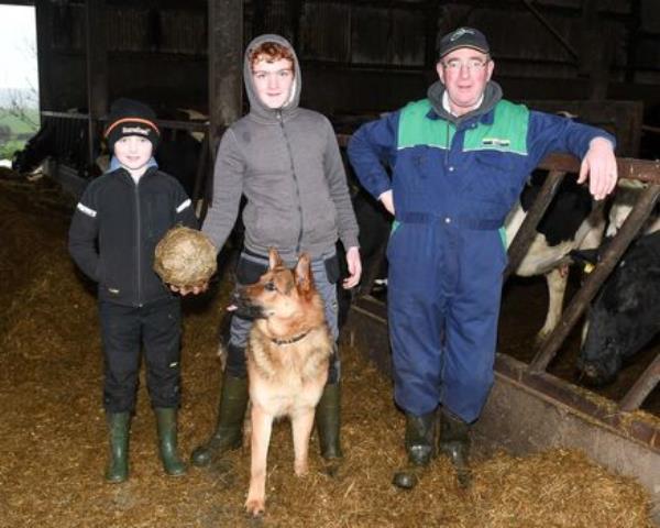  DJ Keohane on his farm in Timoleague, Co Cork with his sons Daniel and James and their dog Bailey. Picture: David Keane