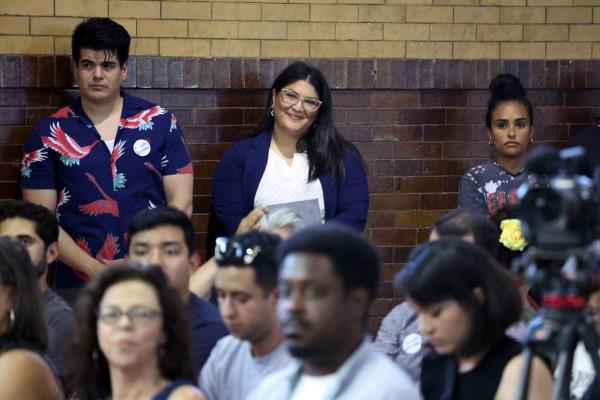 Candidate Graciela Guzmán, center, at the Hamlin Park field house in Chicago, July 10, 2023.