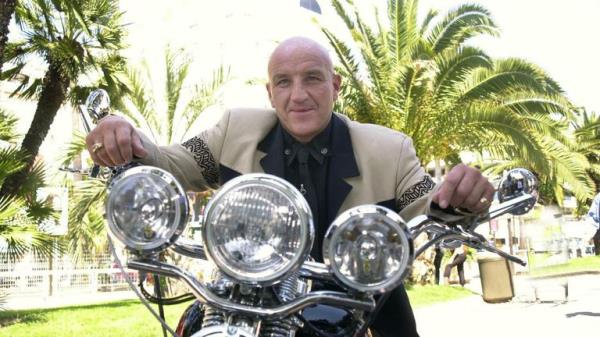 Actor Dave Courtney riding around Cannes on his Harley Davidson motorbike. He stars in the film 'Hell to Pay', screening in Cannes.