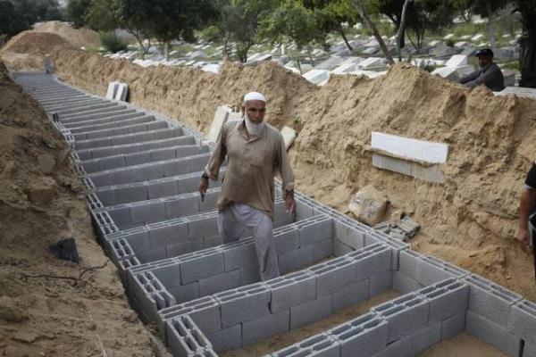 People prepare the graves to bury the dead bodies of Palestinians. Credit: Ashraf Amra/Anadolu via Getty Images