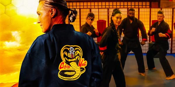 custom image of Terry Silver with his back to the viewer and characters from Cobra Kai practicing in a dojo