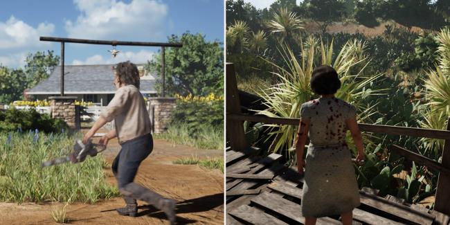 Left, Leatherface dancing with his chainsaw at Nancy's House. Right, Nancy looking at a field of cactuses.