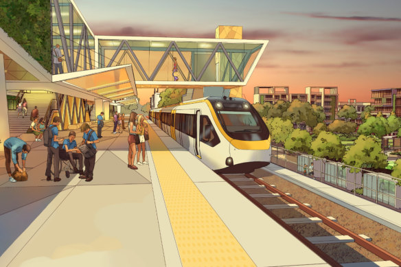 An artist’s impression of a station along the Direct Sunshine Coast Rail Line, proposed to l<em></em>ink commuters from Maroochydore into the existing North Coast Line toward Brisbane.