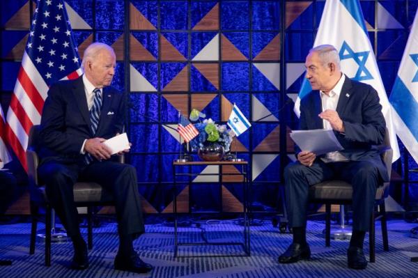 U.S. President Joe Biden, left, meets with Israeli Prime Minister Benjamin Netanyahu, right, to discuss the o<em></em>ngoing co<em></em>nflict between Israel and Hamas,