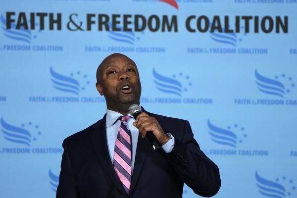 Sen. Tim Scott, R-S.C., speaks during the Iowa Faith and Freedom Coalition Spring Kick-Off Saturday, April 22, 2023, in Clive, Iowa.