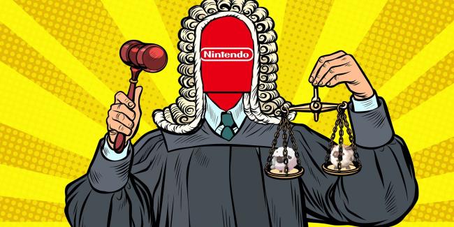 A judge with the Nintendo logo for a face holding scales of justice with Wooloo and Lamball