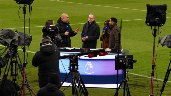 Manchester City manager Pep Guardiola is interviewed by Amazon's Kelly Somers, Martin O'Neill, Eniola Aluko and Gael Clichy before the Premier League match at Villa Park, Birmingham. Picture date: Wednesday December 6, 2023.</p>

<p>　　