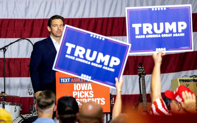 Ron DeSantis speaking in Iowa at the weekend. He trails Do<em></em>nald Trump in the polls