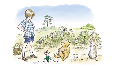 Carmen spies on Christopher Robin, Piglet, Pooh and Rabbit