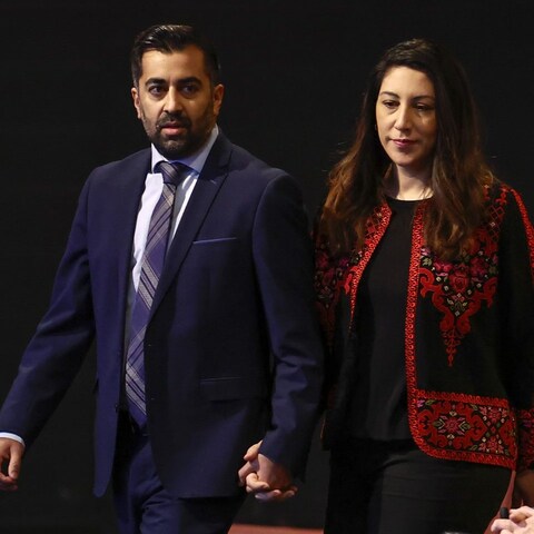 Humza Yousaf and his wife Nadia El-Nakla at co<em></em>nference for an emergency motion calling for a ceasefire and humanitarian aid to be made available to civilians in Gaza