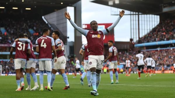 Moussa Diaby celebrates after scoring Aston Villa's opener