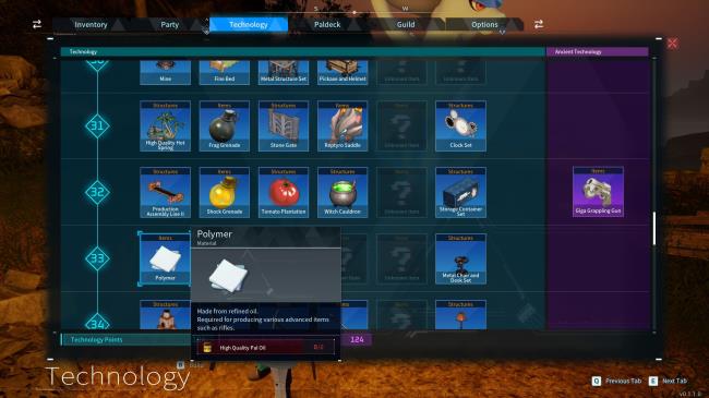 Polymer in the technology menu Palworld