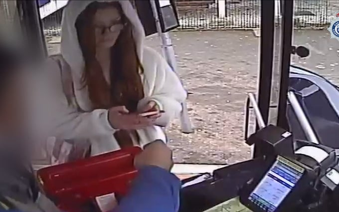 Screen grab taken from CCTV footage issued by Cheshire Co<em></em>nstabulary of teenager Brianna Ghey travelling on the no 28 bus on the morning of her murder. 