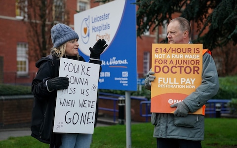 Junior doctors and members of the BMA on the picket line outside Leicester Royal Infirmary during their co<em></em>ntinuing dispute over pay