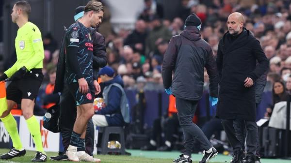 Jack Grealish trundles off after picking up a groin injury at Parken Stadium