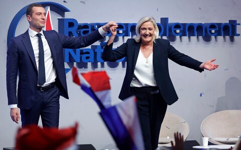 Marine Le Pen, member and former president of the French Natio<em></em>nal Rally, with newly elected leader Jordan Bardella