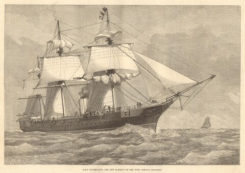 HMS Tourmaline, the West Africa Squadron flagship, in 1876