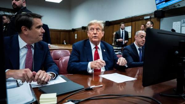 Do<em></em>nald Trump at Manhattan criminal court with his legal team ahead of the start of jury selection 