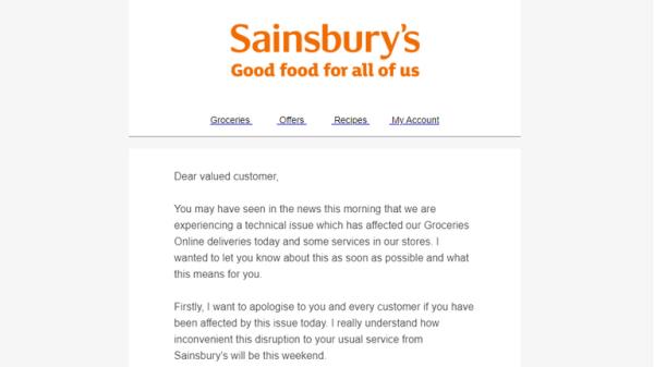 An email Sainsbury's sent to customers this afternoon