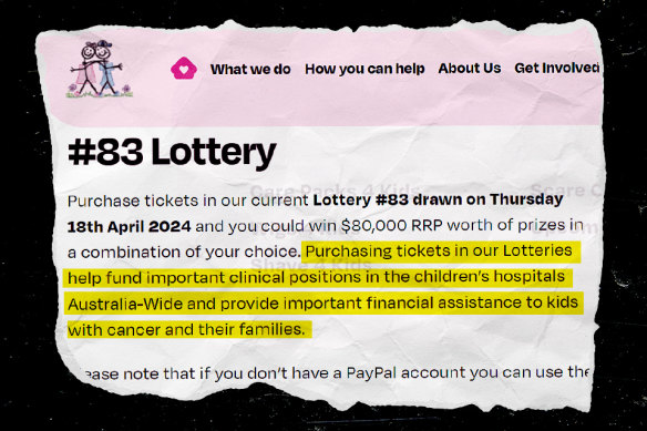 The foundation’s website says its lottery sales go towards funding families and hospitals.