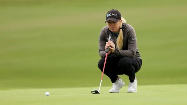 Stephanie Meadow lines up a putt on the 13th green at at Wilshire Country Club, Los Angeles