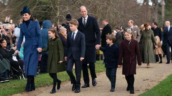 (left to right) The Princess of Wales, Princess Charlotte, Prince George, the Prince of Wales, Prince Louis and Mia Tindall  attending the Christmas Day morning church service at St Mary Magdalene Church in Sandringham, Norfolk. Picture date: Mo<em></em>nday December 25, 2023. PA Photo. See PA story ROYAL Sandringham. Photo credit should read: Joe Giddens/PA Wire 