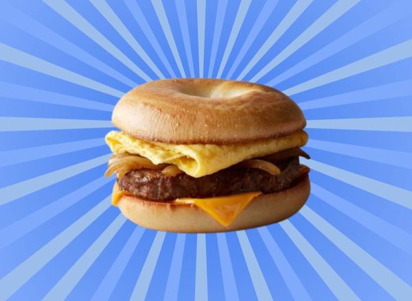 McDonald's Steak, Egg, and Cheese Bagel on striped blue background