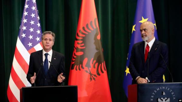 U.S. Secretary of State Antony Bl<em></em>inken, left, and Albania's Prime Minister Edi Rama hold a press co<em></em>nference in Tirana, Albania, Feb. 15, 2024.