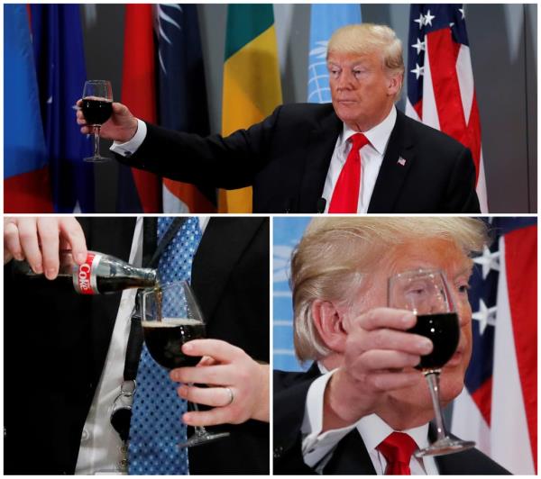 A White House staff member from the presidential food service pours a Diet Coke for U.S. President Do<em></em>nald Trump—who then uses it to co<em></em>nduct a toast.